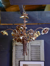 Antique French wrought iron and tole pendant with flowers