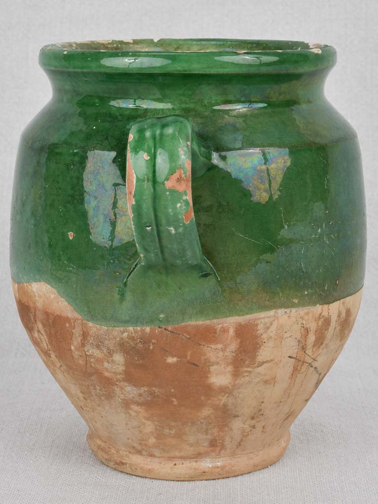 Confit pot, green glaze, antique, small 6¾"