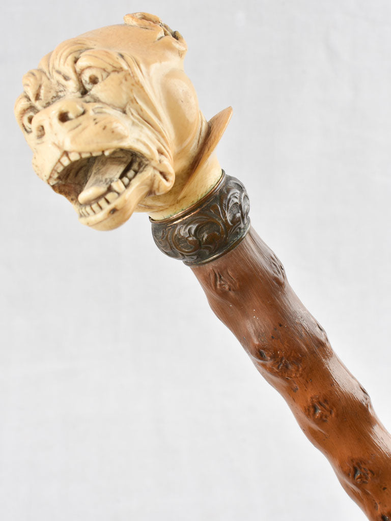 19th century French walking cane with a sculpture of a bulldog 33¾"