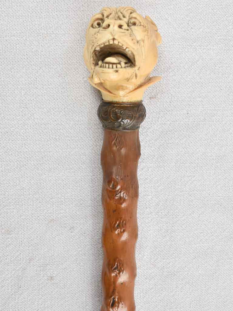 19th century French walking cane with a sculpture of a bulldog 33¾"