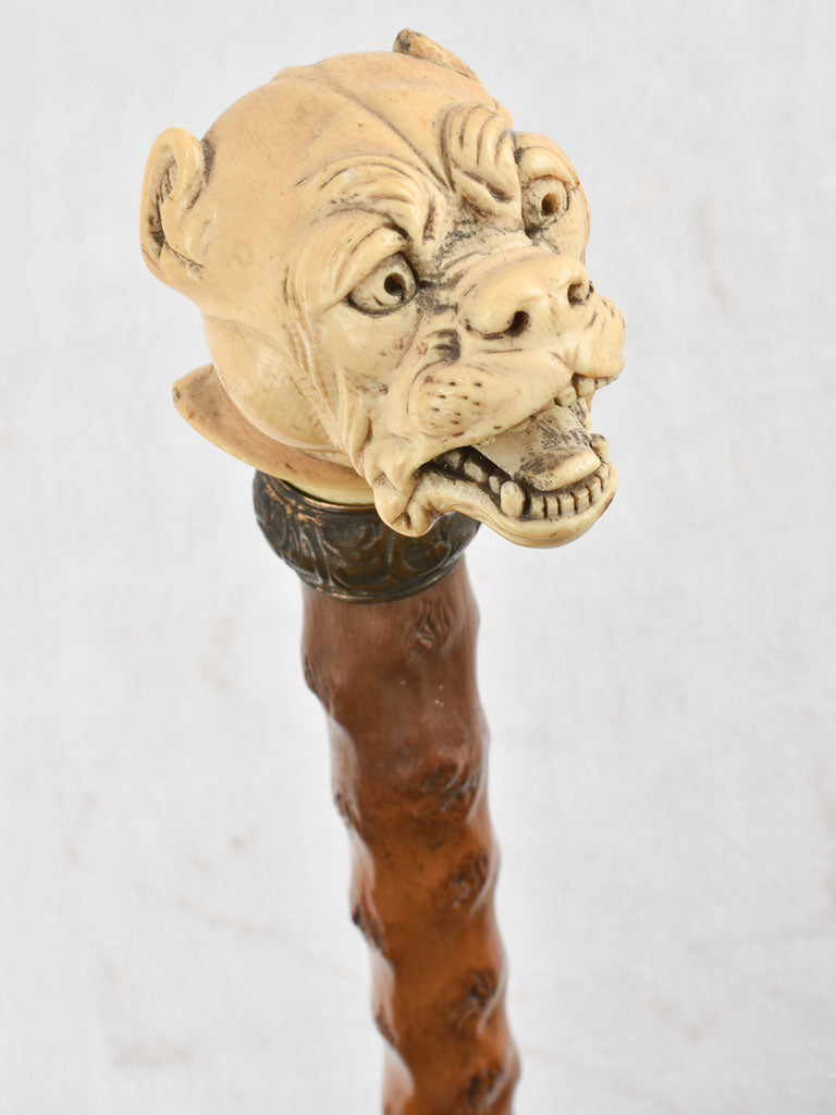 19th century French walking cane with a sculpture of a bulldog 33¾"