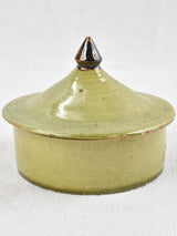 Vintage olive green ramekin with conical lid from Dieulefit 4¾"