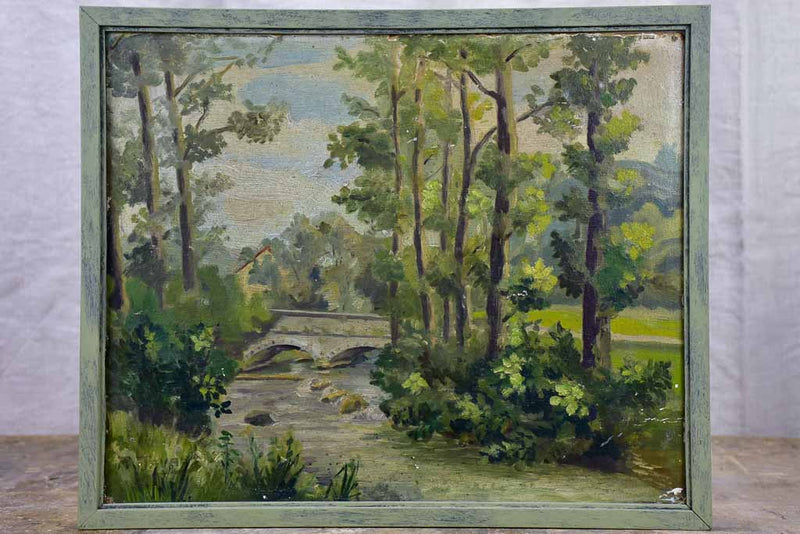 Antique French painting - bridge, river and trees 16½" x 13¾"