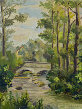 Antique French painting - bridge, river and trees 16½" x 13¾"