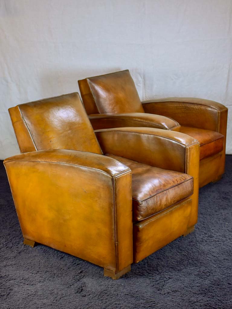 Pair of Art Deco square back French leather club chairs