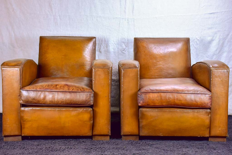 Pair of Art Deco square back French leather club chairs