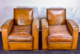 Pair of Art Deco square back French leather club chairs