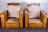 Pair of Art Deco square back French leather club chairs