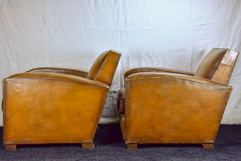 Pair of Art Deco square back French leather club chairs
