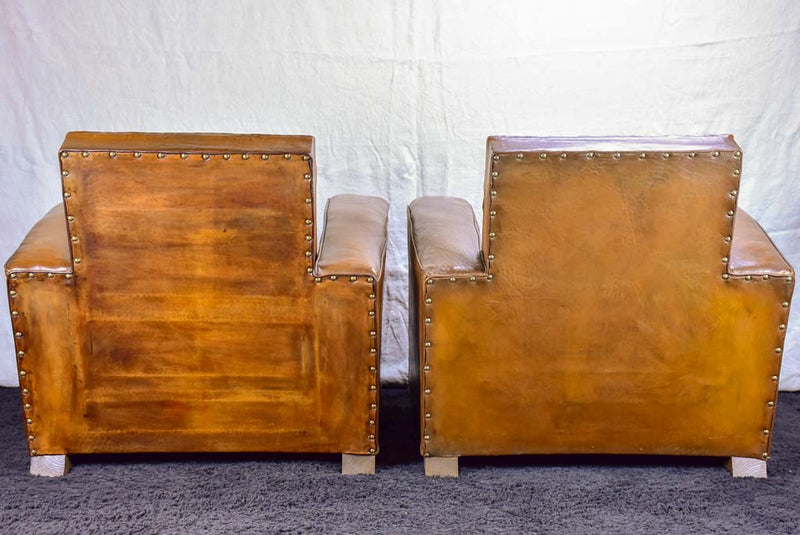 Pair of Art Deco square back French leather club chairs