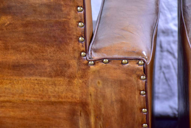 Pair of Art Deco square back French leather club chairs