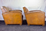 Pair of Art Deco square back French leather club chairs