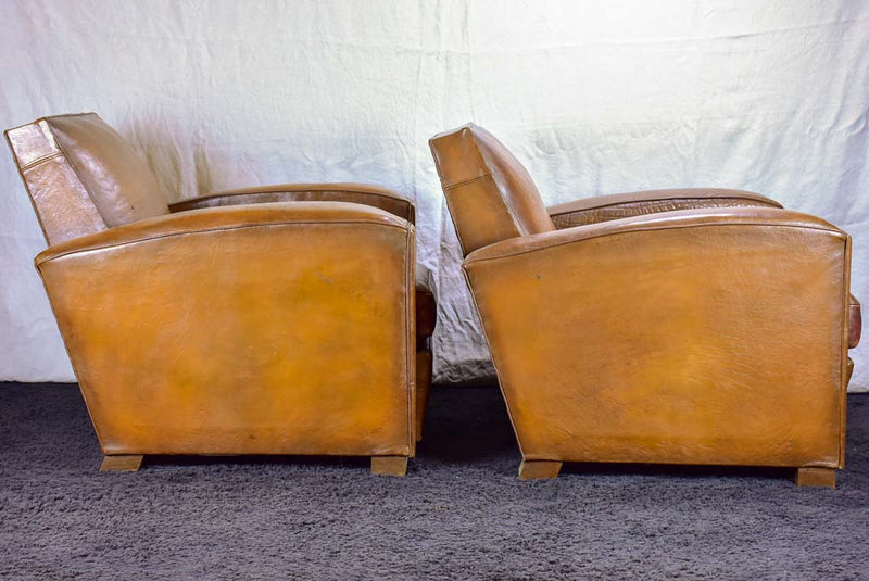 Pair of Art Deco square back French leather club chairs