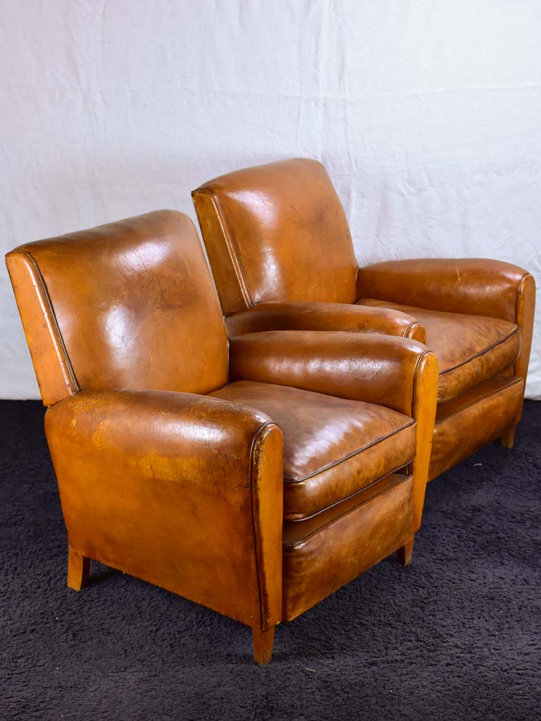 Pair of petite French leather club chairs - 1960's