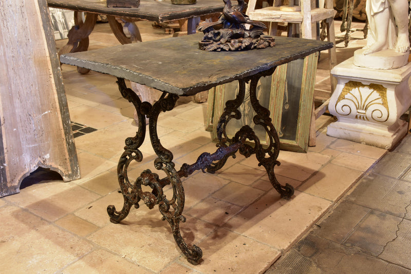 Antique French garden table with slate top and decorative cast iron base