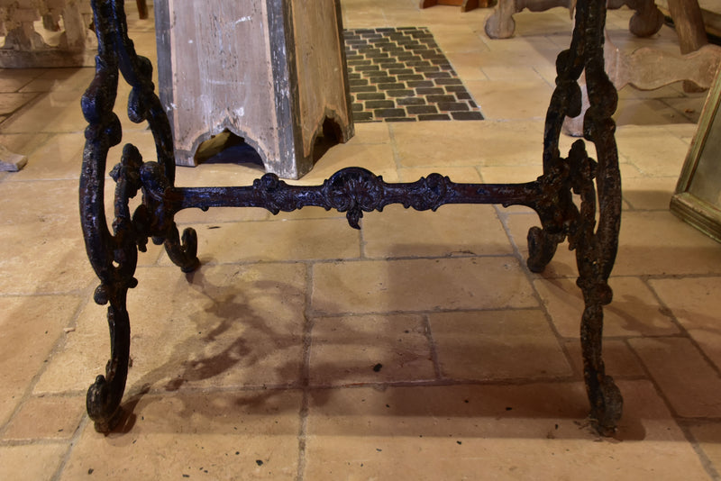 Antique French garden table with slate top and decorative cast iron base