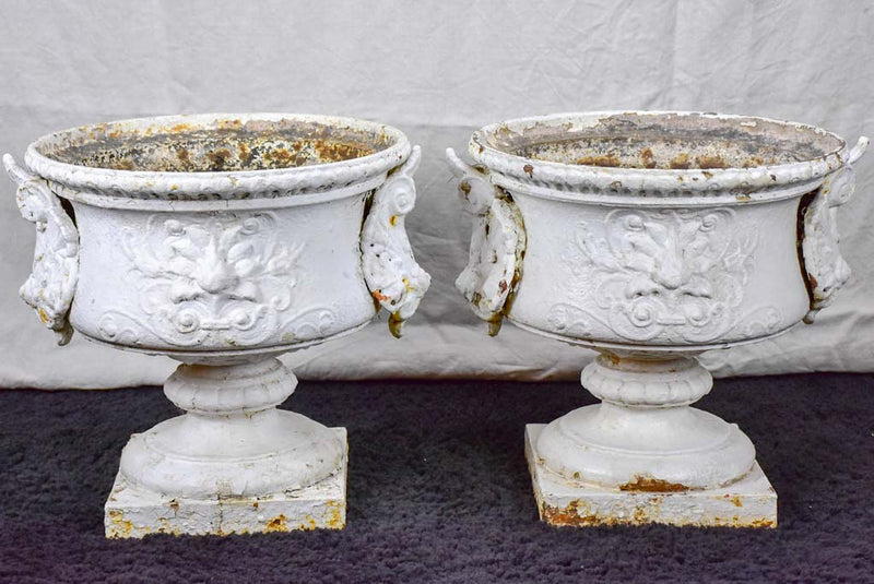 Large pair of antique French cast iron garden urns from Marseille