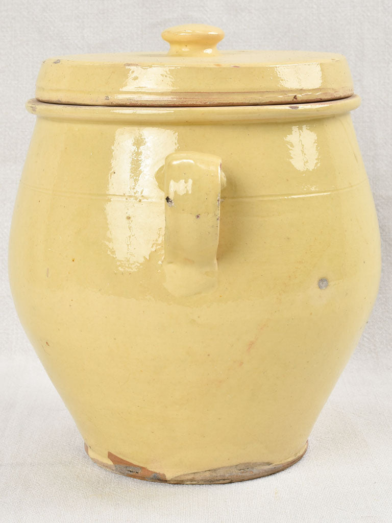 Antique French lidded preserving pot with yellow glaze 10¼"
