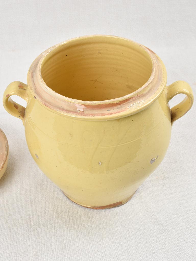 Antique French lidded preserving pot with yellow glaze 10¼"