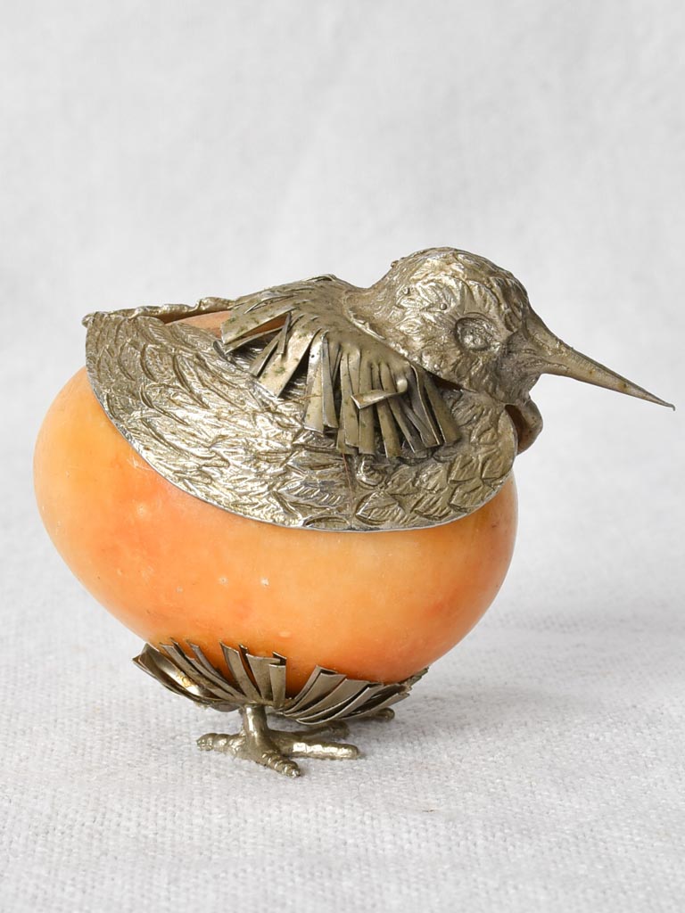 Vintage bird ornament, alabaster, silver plate 2¼"
