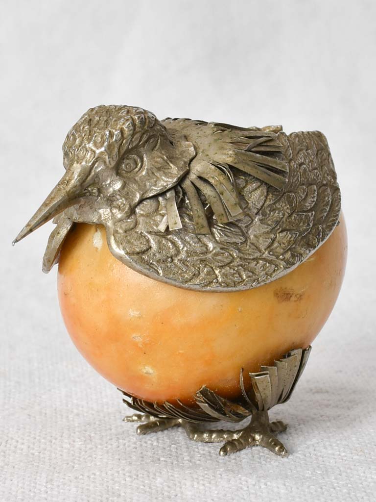 Vintage bird ornament, alabaster, silver plate 2¼"