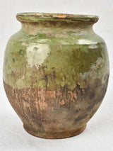 Small antique confit pot with green glaze, no handles 7½"