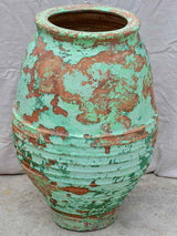Two very large antique Spanish olive oil jars - blue and green