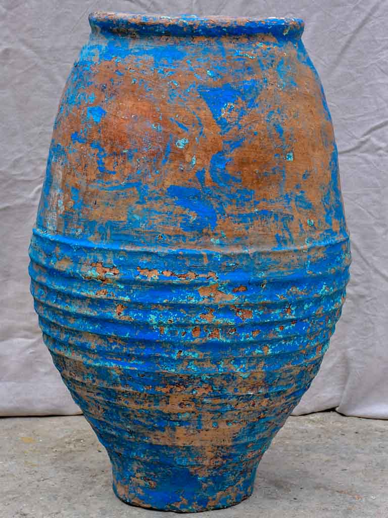 Very large antique Spanish olive oil jar with blue patina 35¾"