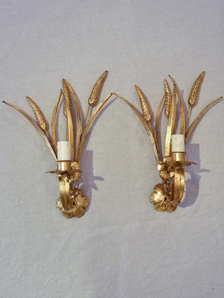 Pair of 1970's / 80's wall appliques with gold wheat and flowers 13"