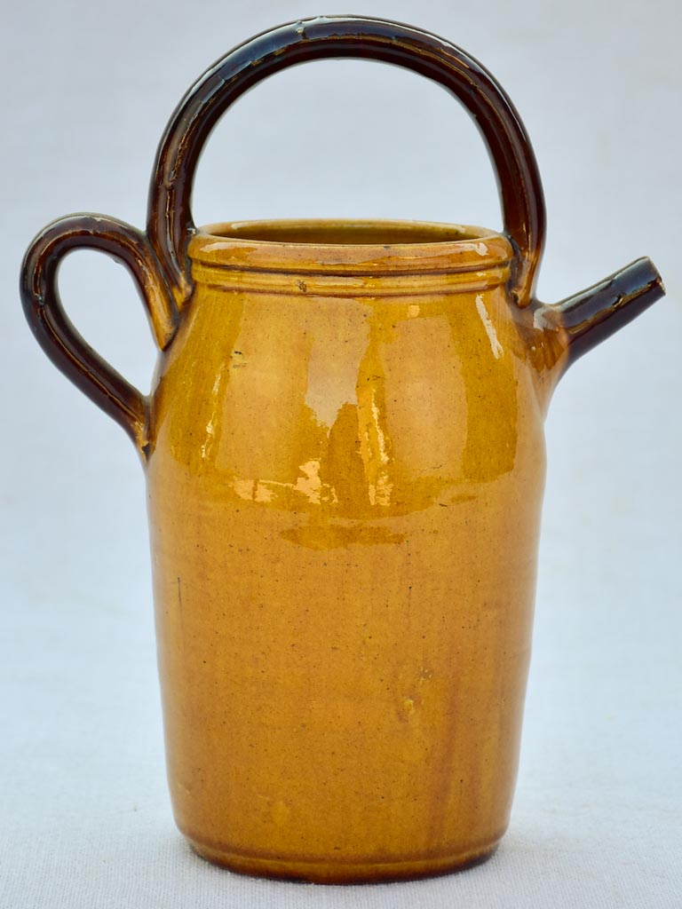 Small vintage Dieulefit pitcher with two handles - ochre and brown