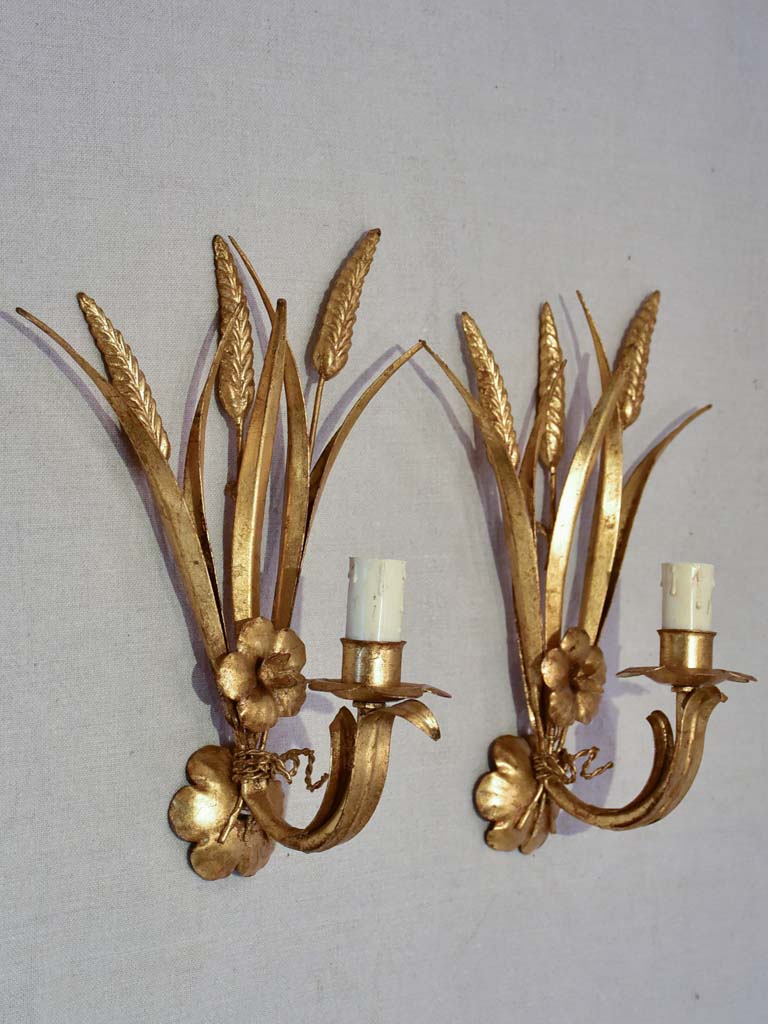Pair of 1970's / 80's wall appliques with gold wheat and flowers 13"