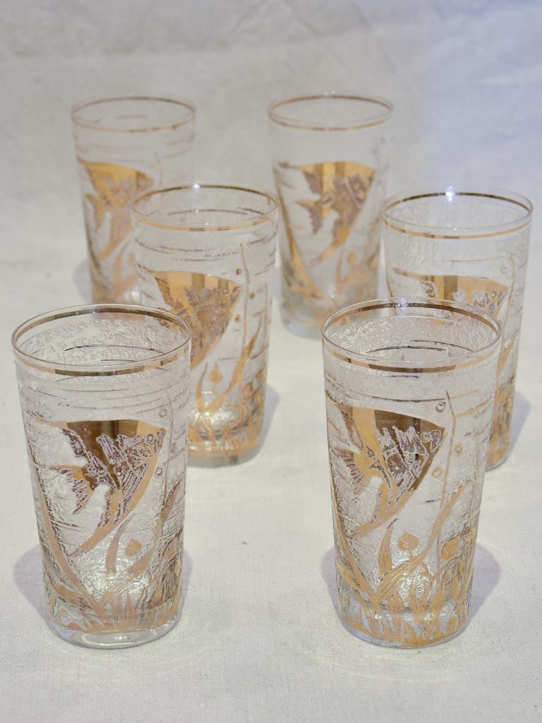 Set of six 1970's glass tumblers decorated with gold fish