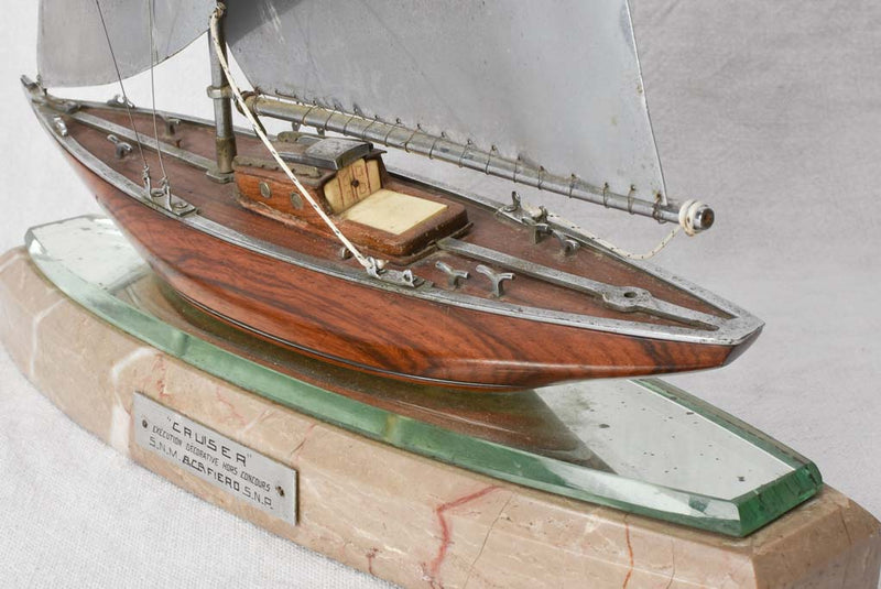 1930s model sailboat, nickle plated & mahogany 20"