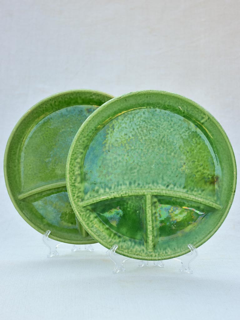 Pair of green-glazed Dieulefit aperitif plates 11"