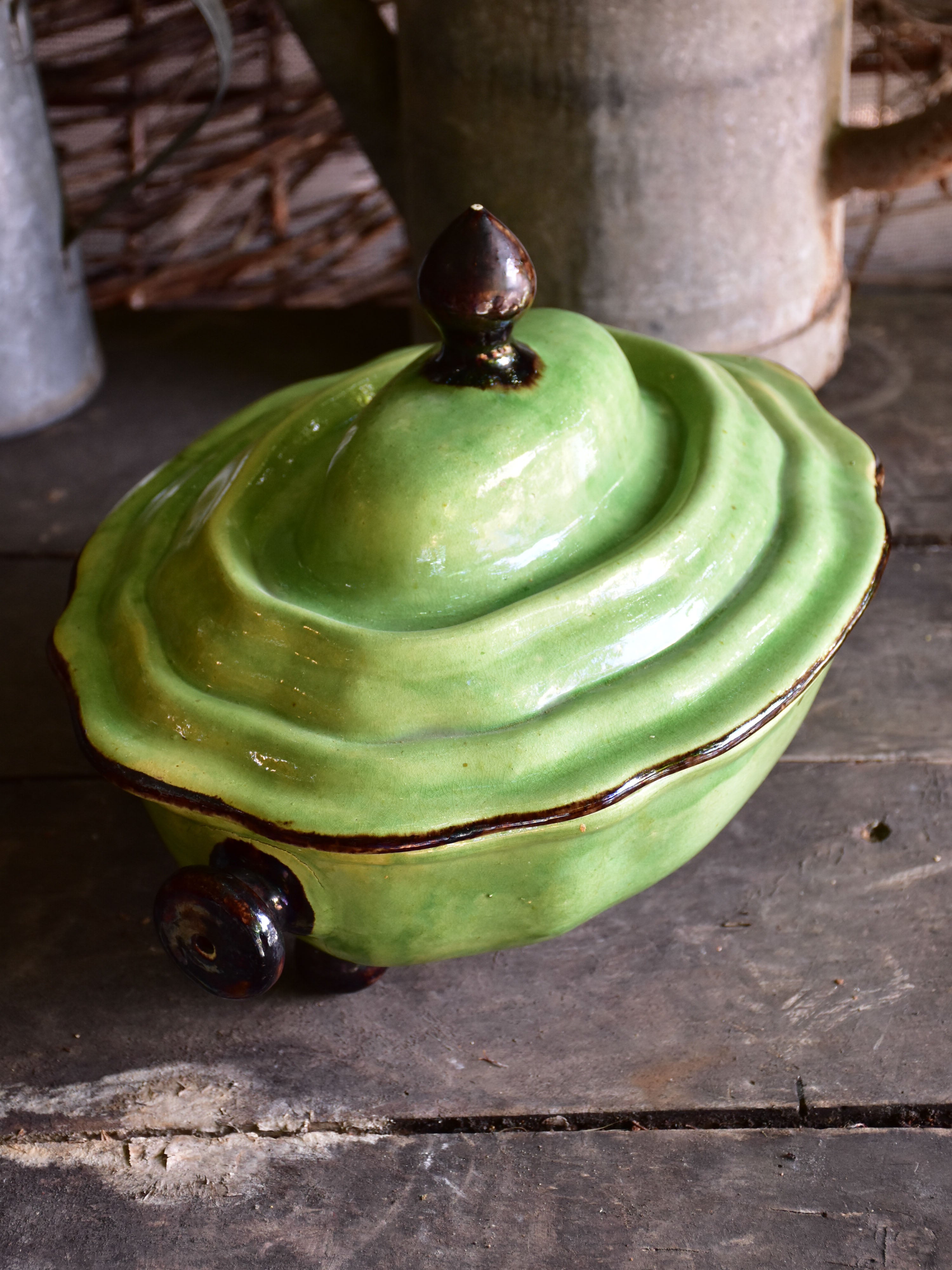 Large antique soup tureen with green glaze from Dieulefit