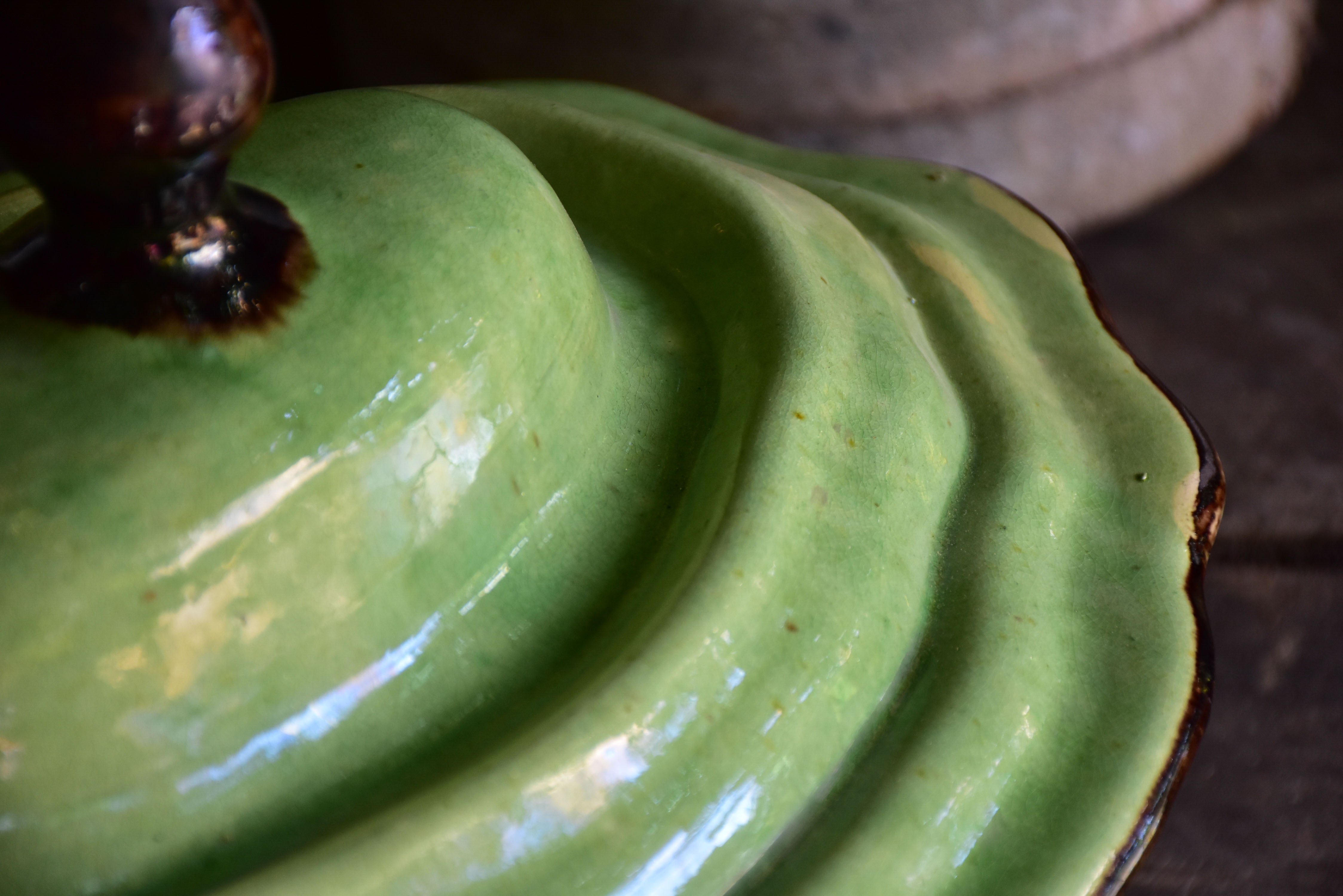 Large antique soup tureen with green glaze from Dieulefit