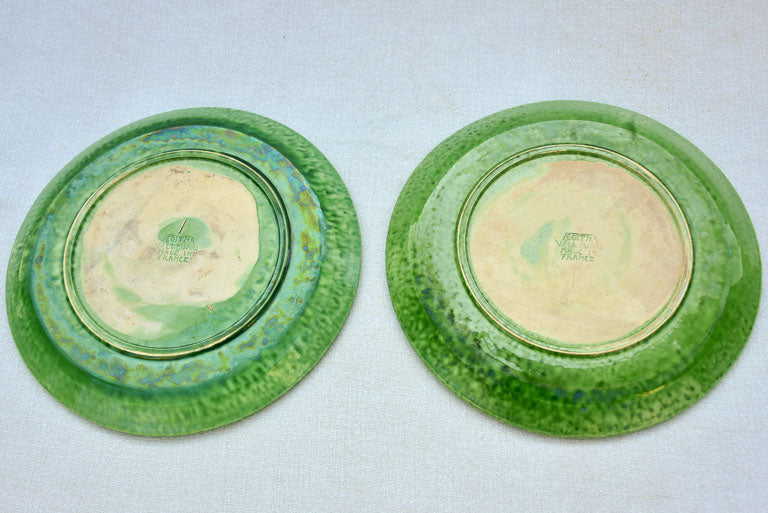 Pair of green-glazed Dieulefit aperitif plates 11"
