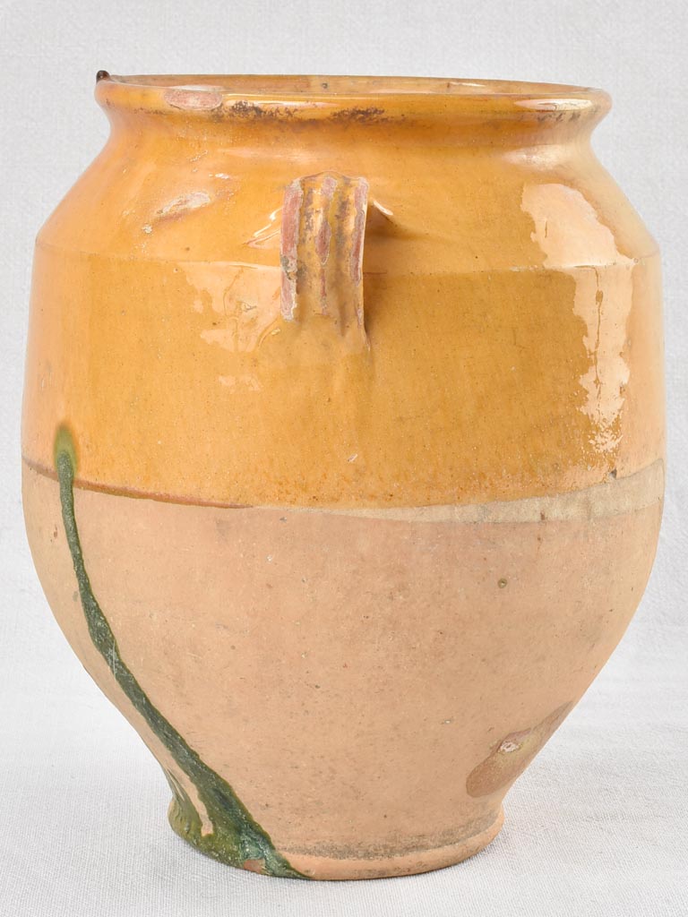 Antique French confit pot with yellow & green glaze 11"