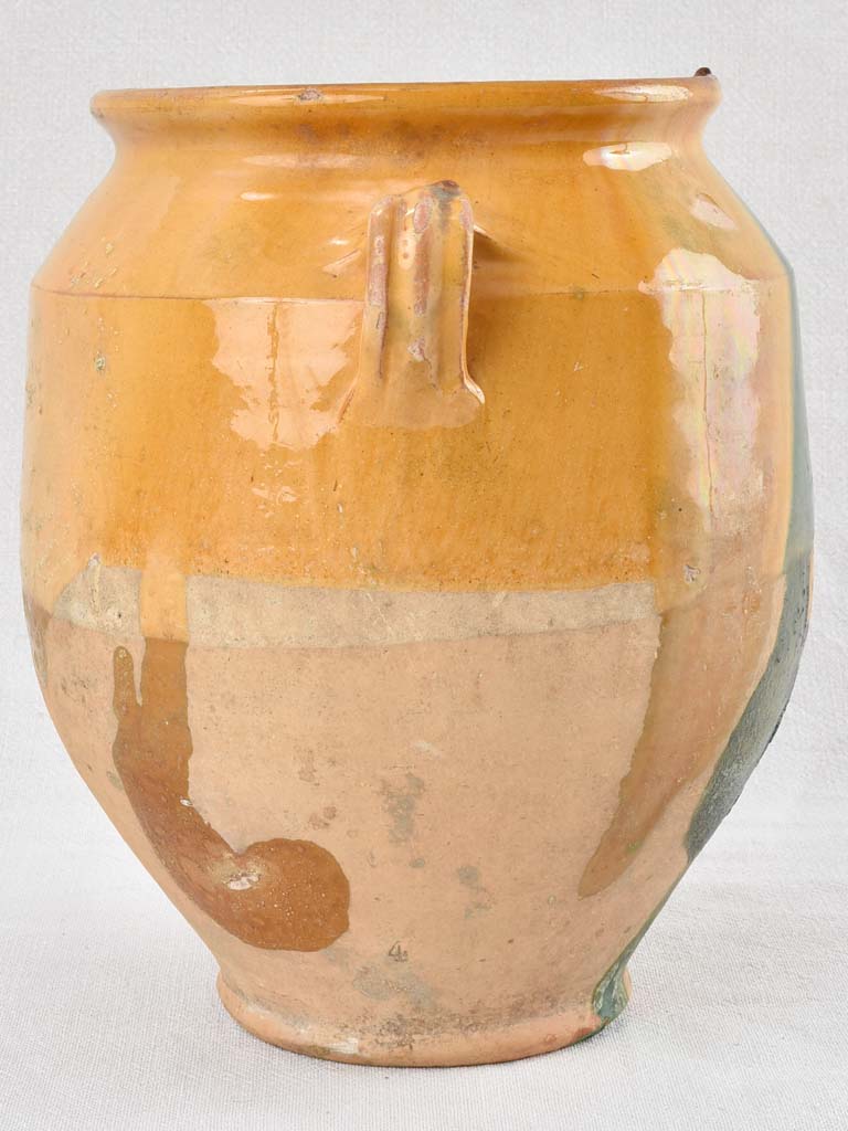Antique French confit pot with yellow & green glaze 11"