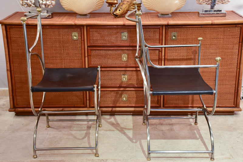 Six mid century French armchairs with black leather