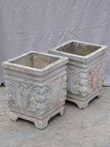 Pair of square concrete planters with white, grey and red patina 21¼"