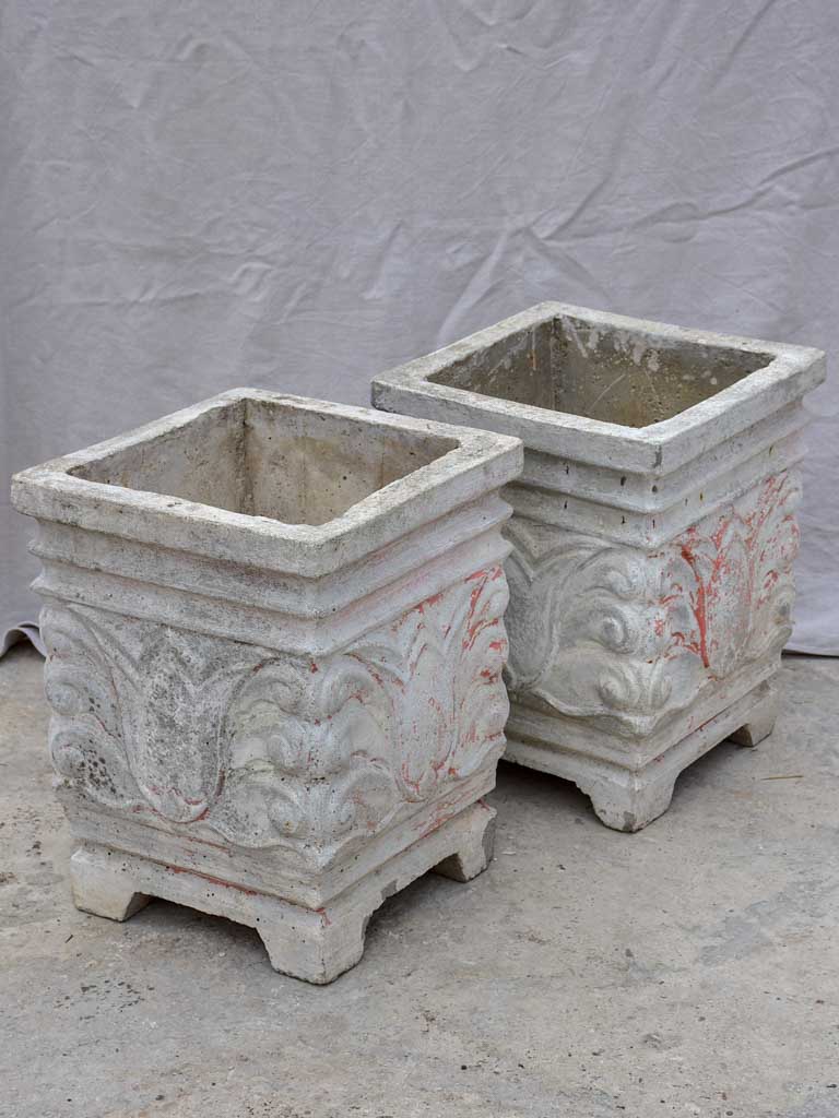Pair of square concrete planters with white, grey and red patina 21¼"