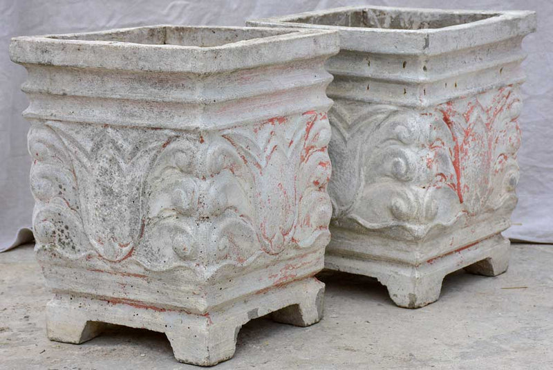 Pair of square concrete planters with white, grey and red patina 21¼"