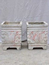 Pair of square concrete planters with white, grey and red patina 21¼"