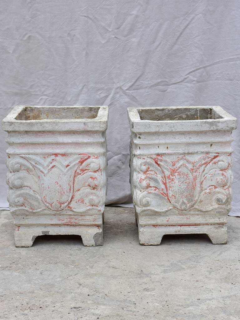 Pair of square concrete planters with white, grey and red patina 21¼"
