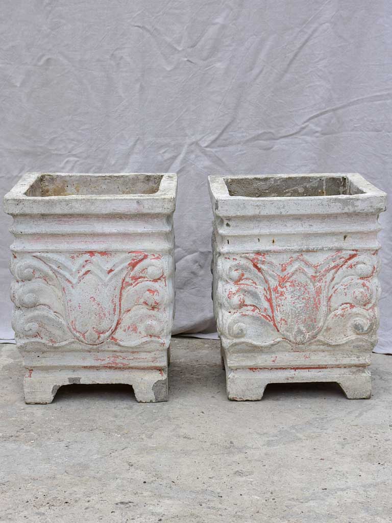 Pair of square concrete planters with white, grey and red patina 21¼"