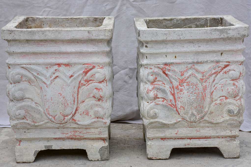 Pair of square concrete planters with white, grey and red patina 21¼"