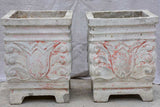 Pair of square concrete planters with white, grey and red patina 21¼"