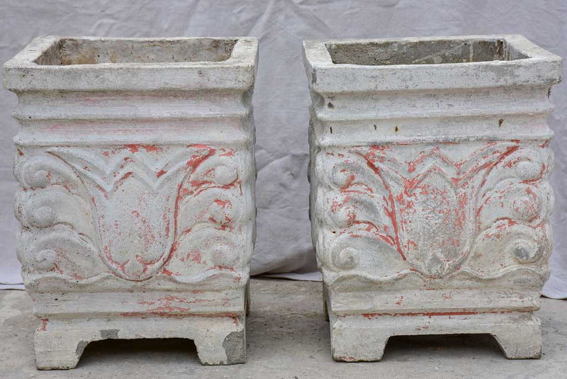 Pair of square concrete planters with white, grey and red patina 21¼"