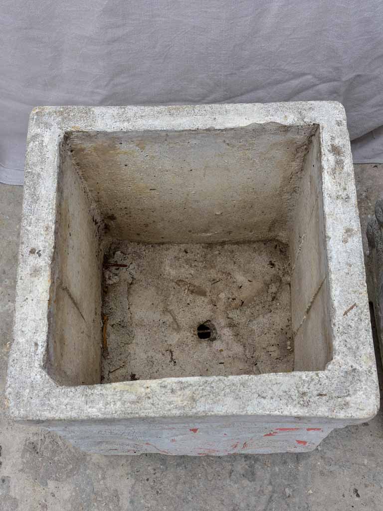 Pair of square concrete planters with white, grey and red patina 21¼"